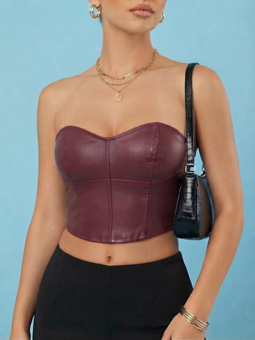 Missguided Burgundy Faux Leather Strapless Crop Top